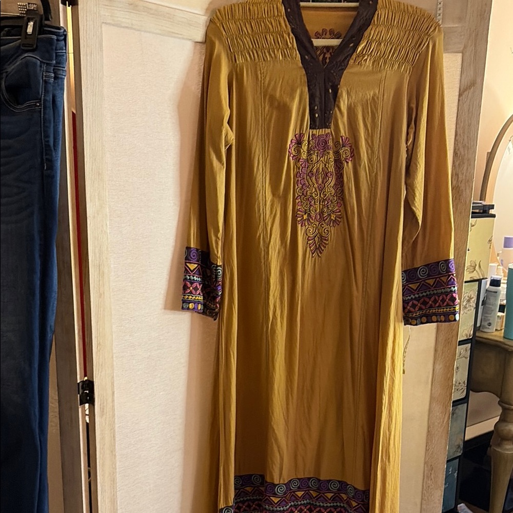 Limelight Mustard Yellow Embroidered Long Dress with Purple Accents